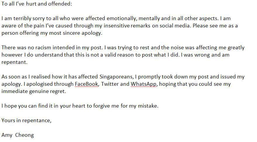 Amy Cheong Apologises